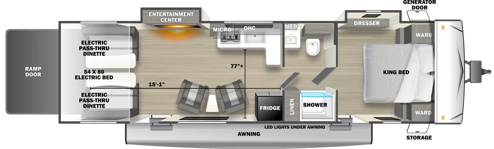 The 2600SRT travel trailer has 2 slide outs on the off-door side, 2 entry doors and 1 rear ramp door. Exterior features include an awning with LED lights over both entry doors, front door side storage and front off-door side generator door. Interior layout from front to back includes: front bedroom with foot-facing King bed, shelf over the bed, front corner wardrobes, off-door side slideout holding a dresser and door side entry door to outside; pass-through bathroom with toilet, medicine cabinet and sink on the off-door side and shower and linen storage on the door side; off-door side L-shaped kitchen countertop with overhead microwave and cabinets, stovetop and sink; door side refrigerator; 2 door side recliners with end table; off-door side slideout holding an entertainment center; door side entry door to outside; and rear 54 x 80 electric bed over electric pass-through dinette. Cargo length from rear of unit to kitchen wall is 15 ft. 1 in. Cargo width from kitchen countertop to door side wall is 77 inches.